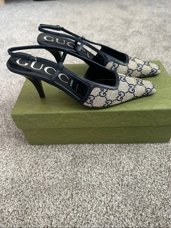 Gucci Beige and Blue GG Canvas and Leather Crystal Embellished Slingback Heels - Picture 3 of 5